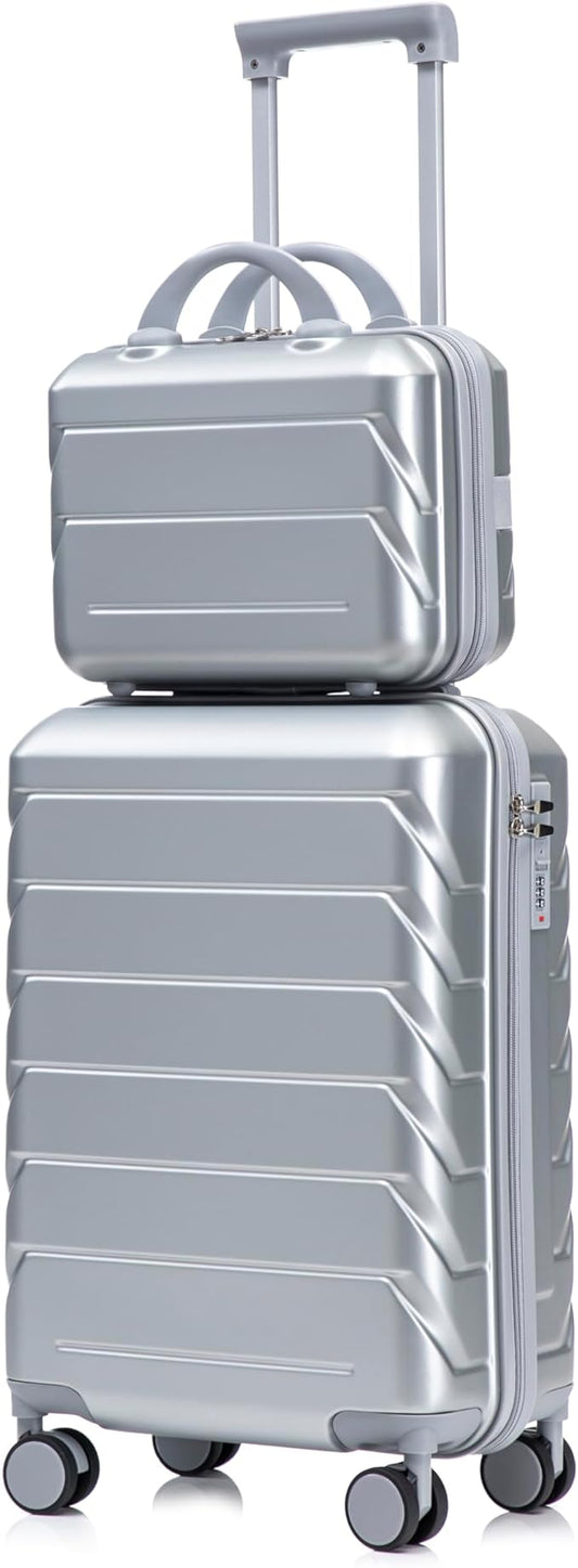 2-Piece ABS Hard Shell Lightweight Carry-On Luggage Set (14" & 20"), 360-Degree Spinner Wheels, Adjustable Telescopic Handle and Combination Lock for Travel, Silver