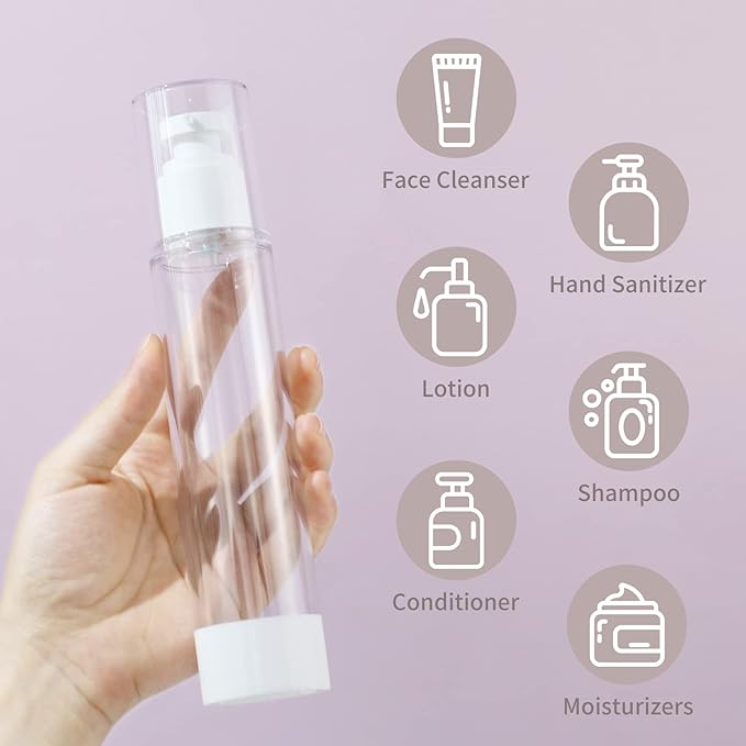 longway 4 Oz 120ml Clear Airless Cosmetic Cream Pump Bottle Travel Size Dispenser Refillable Containers/Foundation Travel Pump Bottle for Shampoo (Pack of 6)