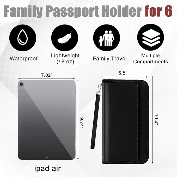 GOAUS Passport Holder with AirTag Slot, PU Leather Travel Document Organizer, Multiple RFID Blocking Wallet for Family of 4 to 6 Black
