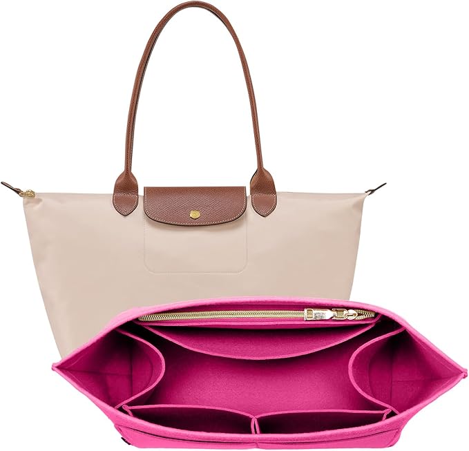 OPPOSHE Purse Organizer Insert for Longchamp Le Pliage, Premium Felt Long Champ Bag Handbag Women, Tote Organizer Insert with 9 Compartments (Large, Rosy)
