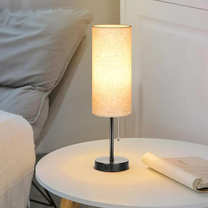 Dott Arts 18" Table Lamp for Bedroom, 3-Color Bedside Lamps with Pull Chain | Bedroom Table Lamps for Nightstand,AC Outlet Small Lamp for Living Room, Bulb Included Flax