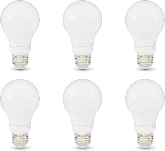 Amazon Basics A19 LED Light Bulbs, 60 Watt Equivalent, Energy Efficient 9W, E26 Standard Base, Soft White 2700K, Dimmable, 10,000 Hour Lifetime , 6-Pack