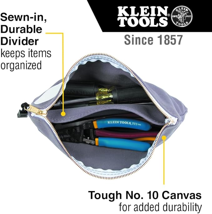 Klein Tools 55578 Zipper Bag with Divider, No. 10 Canvas, 7-Inch x 12-1/2-Inch Heavy Duty Tool Bag Organizer, Multipurpose for Tools to Crafts