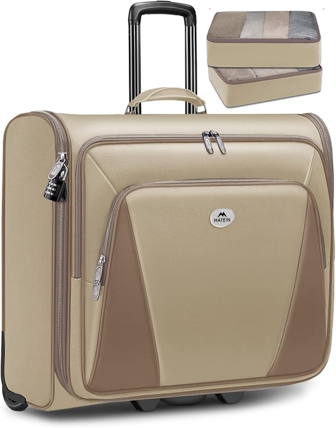 MATEIN Garment Bag with Wheels, Large Wheeled Garment Bags for Hanging Clothes with 2 Packing Cubes, Foldable Softside Travel Suit Carrier for Women, Business Suitcase Luggage Fits 17" Laptop, Khaki
