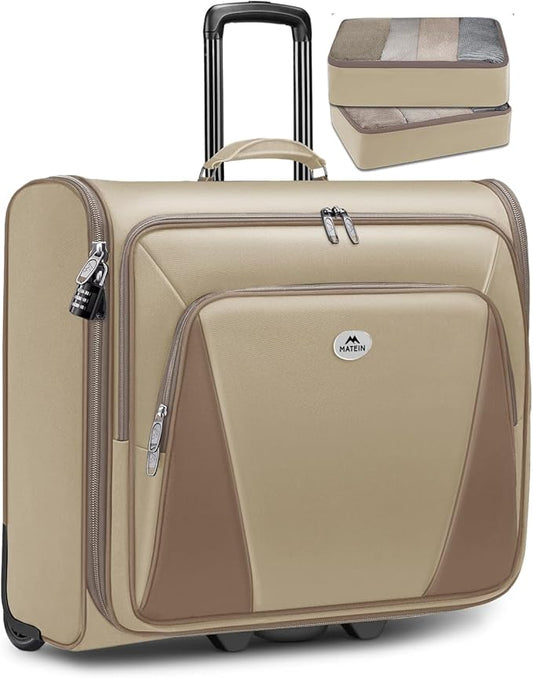 MATEIN Garment Bag with Wheels, Large Wheeled Garment Bags for Hanging Clothes with 2 Packing Cubes, Foldable Softside Travel Suit Carrier for Women, Business Suitcase Luggage Fits 17" Laptop, Khaki
