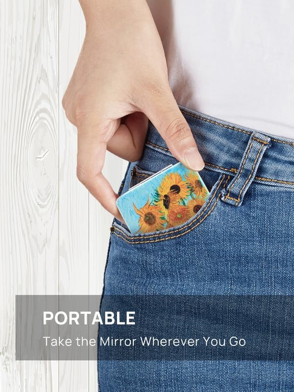 OMIRO Compact Mirror, Unique Painting PU Leather 1X/3X Magnification, Ultra Portable for Purses, 2.4" W x 3.4" L (Sunflowers)