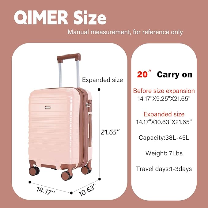 Carry on Luggage, 20Inch Expandable Luggage Airline Approved Hard Shell PC Suitcases with Wheels 22x14x9 TSA Lock Durable Zipper Lightweight Travel for Men and Women, Pink