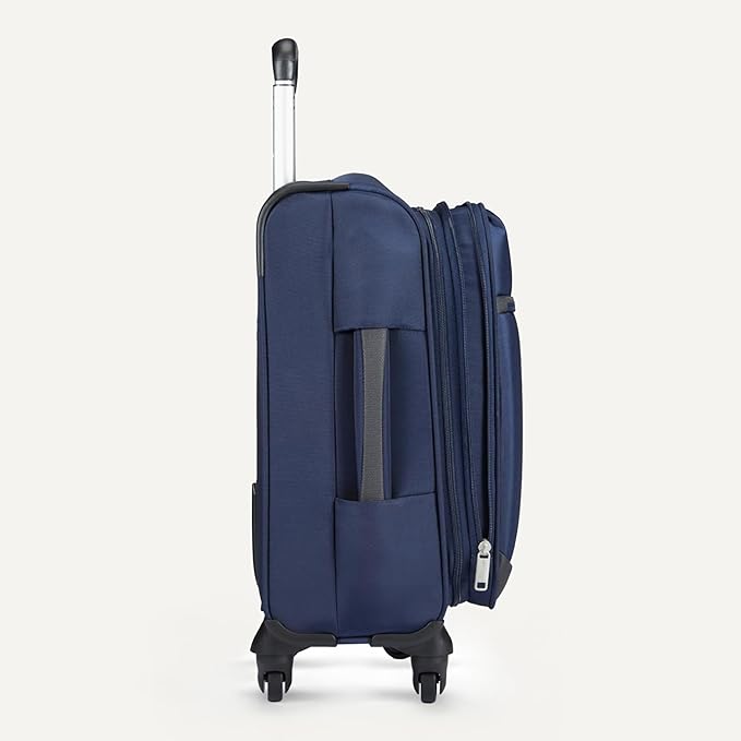 Amazon Basics 18" Medium Carry-On Softside Expandable Luggage Suitcase with Wheels, Four 360-Degree Spinner Wheels, Zippered Pockets, Telescopic Handle, Navy Blue