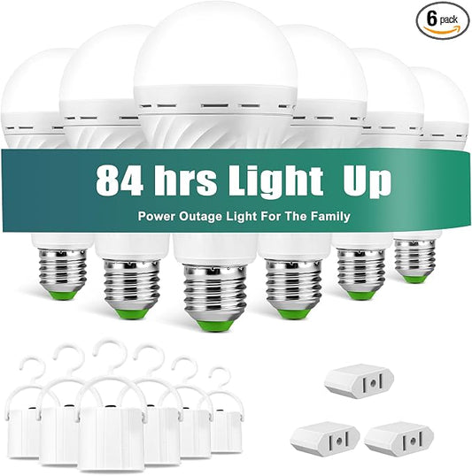 Emergency Rechargeable Light Bulb with Hook 6Pack | With Hook, Stay Lights Up When Power Failure, 1500mAh 12W 60W Equivalent LED, For Home, Camping, Hiking, With Plug Cap