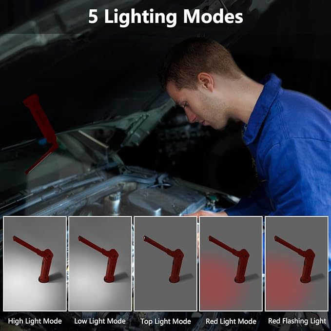 Working Light Portable, Rechargeable Work Lights with Magnetic Base Hanging Hook,360° Rotate 5 Modes,COB LED 800 Lumens Foldable Inspection Light for Car Repair, Grill and Outdoor Use(2pack)