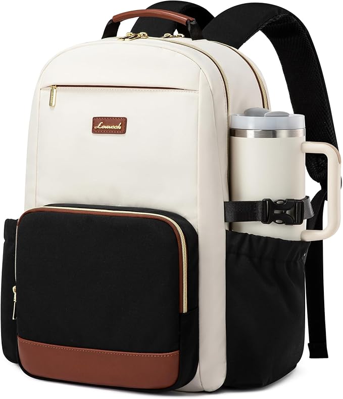 LOVEVOOK Laptop Backpack for Women with Pouch Pocket for Large Capacity Cup,18 Inch Laptop Computer Bag Travel Backpack Purse,Waterproof Work Business Backpack College Teacher Bags,Beige-Black-Brown