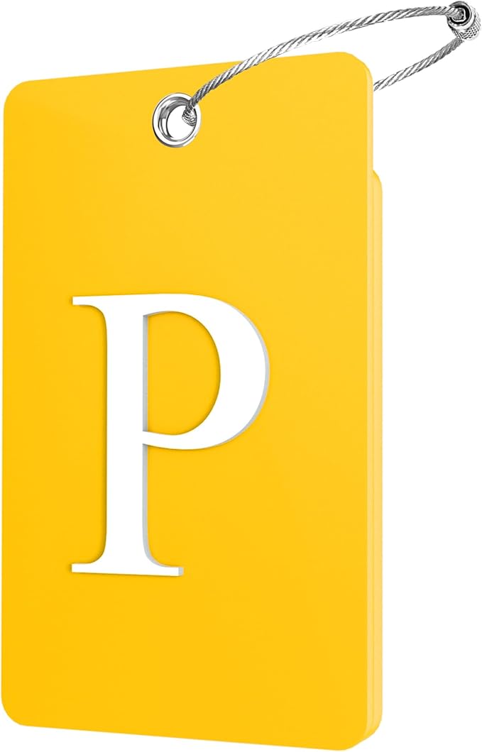 Gostwo 2 Pack Luggage Tags for Suitcases, 26 Initial Letter Travel Luggage Baggage Identification Labels ID Tag Fully Bendable Tags with Stainless Steel Loop (Yellow) (Letter P)
