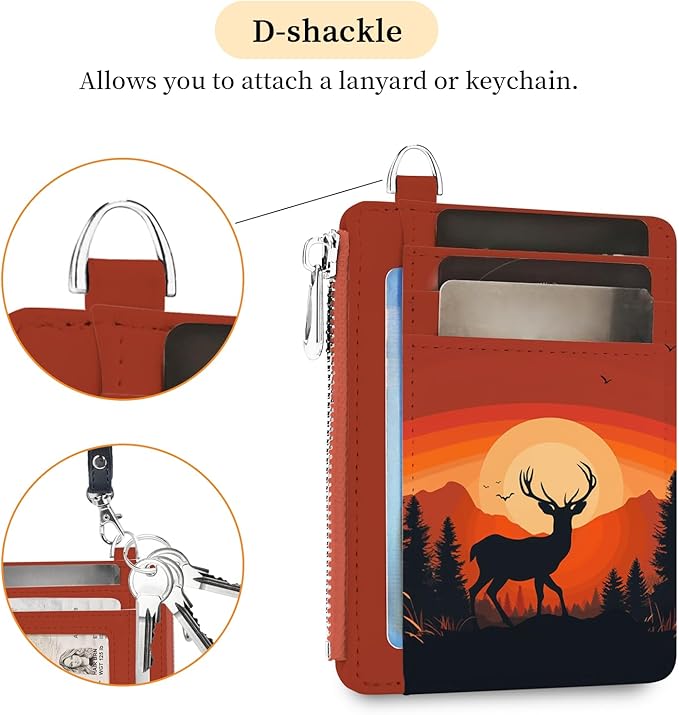 Hancynir Slim Wallet Women Credit Card Holder Sunset Deer RFID Small Mini Card Case Front Pocket PU Leather Thin Travel Zipper Coin Cash ID Window Ladies Female Wallet Gifts