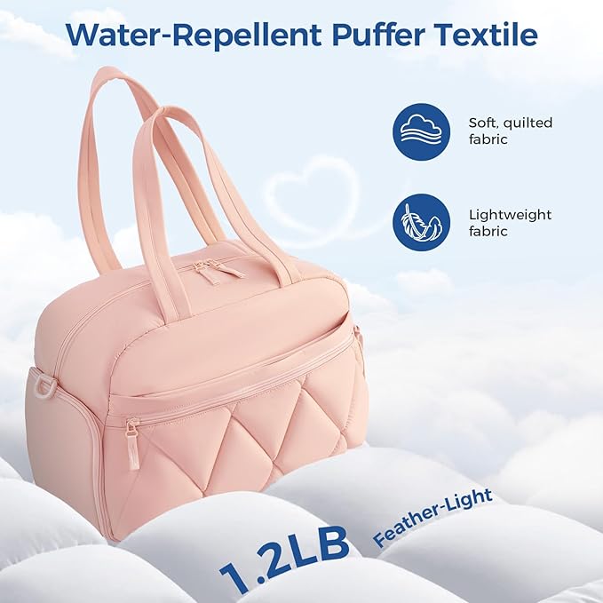 Gym Bag for Women, Puffer Travel Duffle Bag With Shoes Compartment & Wet Pocket, Carry On Tote Bag For Weekender, Overnight, Sport (Pink, Medium)