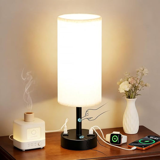 MOICO Bedside Lamp with 2 USB Ports and 1 AC Outlet, Table Lamp with Grey Linen Fabric Shade and Stable Metal Base, Nightstand Lamp for Bedrooms, Living Room, Kids Room, Dorm, Office