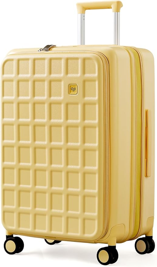 aji Expandable Top Opening 28 Inch Checked Luggage with Spinner Wheels, Large Suitcase with TSA Lock, Hard Shell Travel luggage Suitcases for Men Women, for 25+Days Travel, Cheese Yellow
