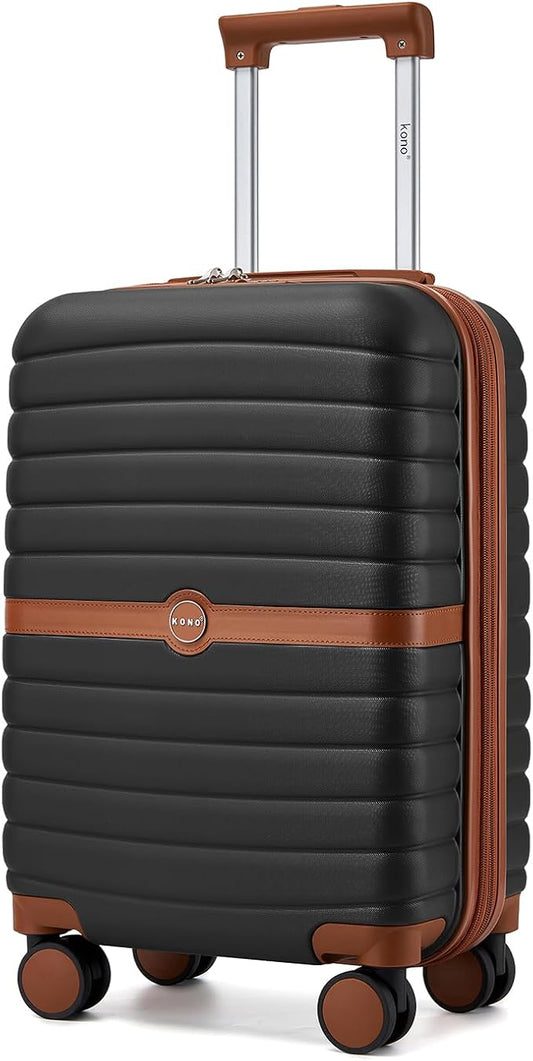 Kono Expandable Carry On Luggage 22x14x9 Airline Approved with Spinner Wheels, 20 Inch Durable PC+ABS Hardshell Travel Suitcase Rolling Luggage with Lock, Black/Brown