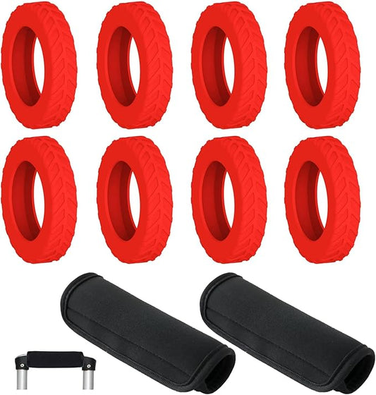 8-Pack Red Luggage Wheel Covers (Fits 2"-2.4" Double Wheels) & 2-Pack Black Handle Wraps - Silicone Tire-Textured Wheel Protectors, Wet-Suit Material Handle Grips for Travel