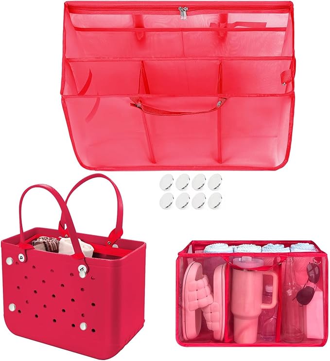 XYFuuee Beach Bag Organizer Inserts for Original Large Bogg Bag Accessories with 8 Removable Metal Fasteners, Lightweight Mesh Insert Divider Pouch, Organizing Rubber Tote, Save Space, Red XL