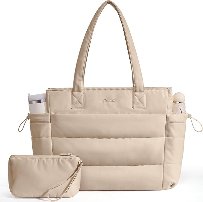 LOVEVOOK Tote Bag for Women with Giant Tumbler Holder Pocket, Puffer Work Travel Laptop Handbag with Zipper for Nurse Teacher