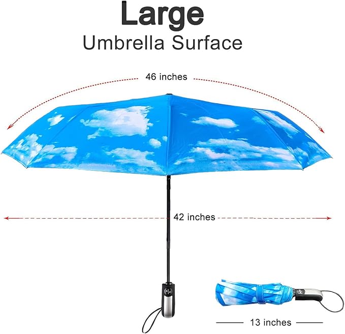 TradMall Travel Umbrella Windproof with 46 Inches Large Canopy 10 Reinforced Fiberglass Ribs Ergonomic Handle Auto Open & Close, Sky Clouds