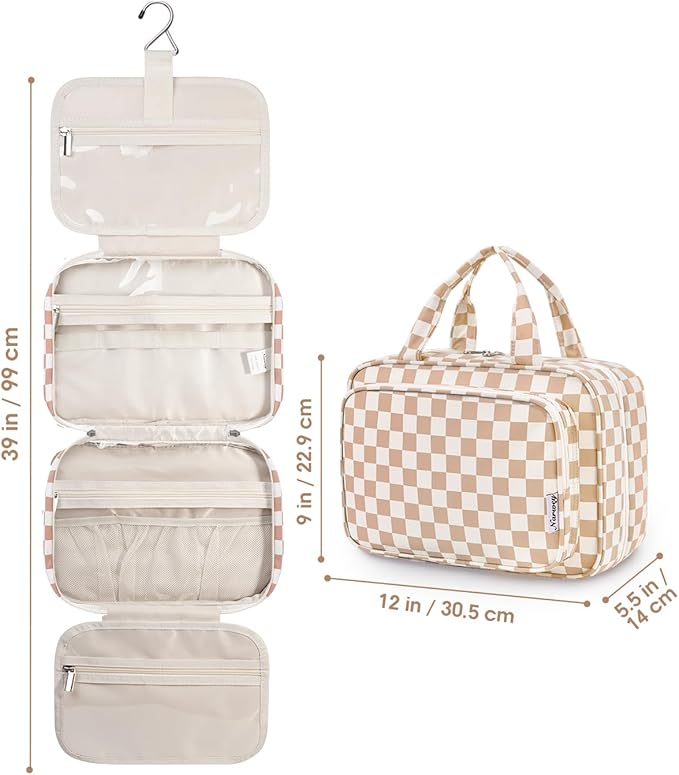Narwey Travel Toiletry Bag for Women Large Hanging Makeup Bag Organizer Toiletries Bag for Full Size Essentials Accessories Cosmetics (Light Checkerboard (Large))