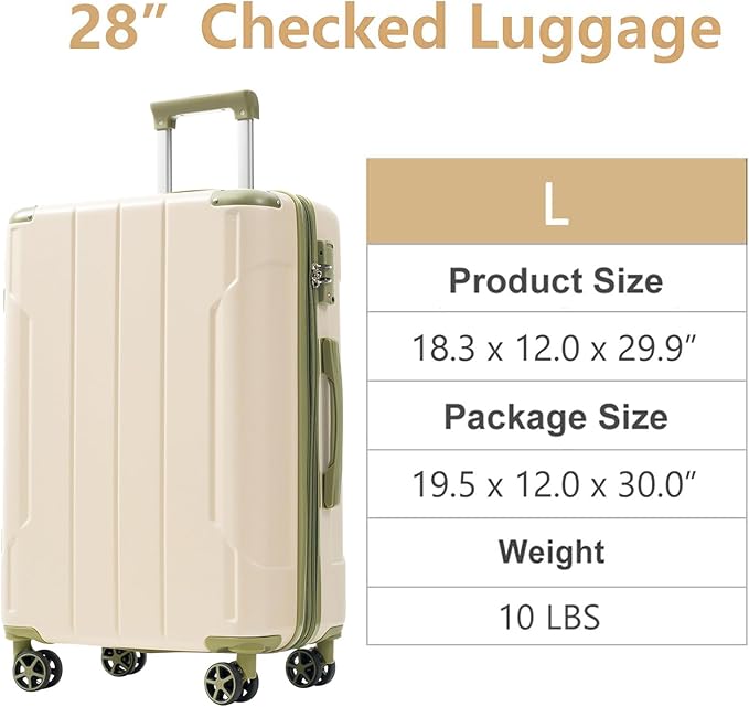 28 Inch Checked-Large Luggage, Lightweight ABS Hard Shell Suitcase with Spinner Wheels, Expandable Travel Luggage with Combination Lock & Side Hooks for Men Women (White Green, 28)