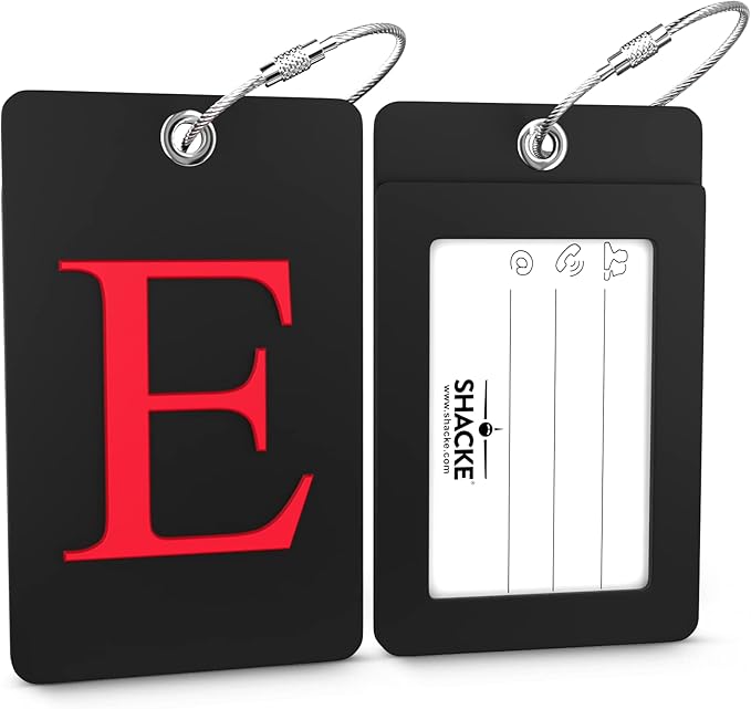 Shacke Luggage Tag Initial - Fully Bendable Tag w/Stainless Steel Loop - Black (Letter E)
