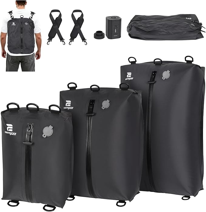 3 Pack Vacuum Bags for Travel with Pump, 3-Size Set Reusable Vacuum Compression Bags for Luggage, Space Saver IP67 Waterproof Vacuum Packing Cubes for Suitcase&Backpack, Black