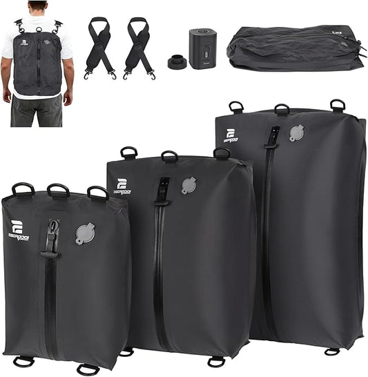 3 Pack Vacuum Bags for Travel with Pump, 3-Size Set Reusable Vacuum Compression Bags for Luggage, Space Saver IP67 Waterproof Vacuum Packing Cubes for Suitcase&Backpack, Black