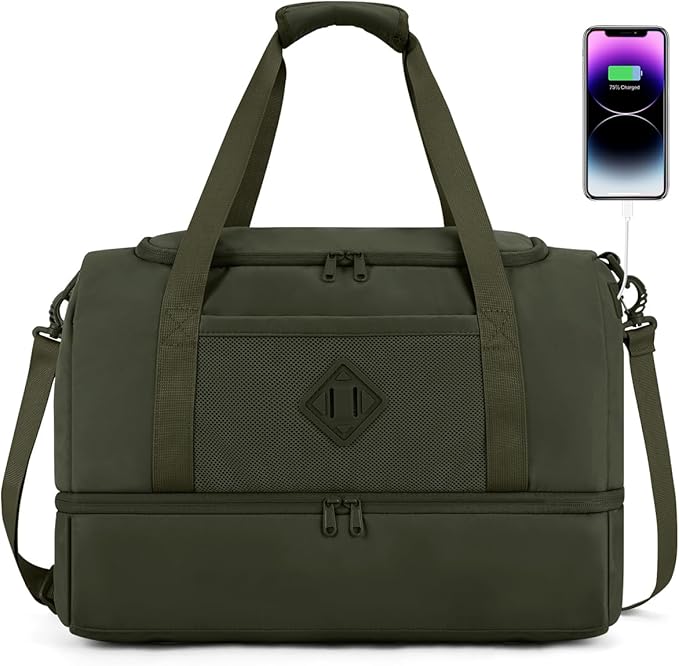 WANDF Travel Duffel Bag with Wet Pocket & Shoe Compartment, 18x14x8 Personal Item Bag with USB Charging Port, Water-Resistant Gym Weekender Overnight Carry-on for Women Men (Army Green)