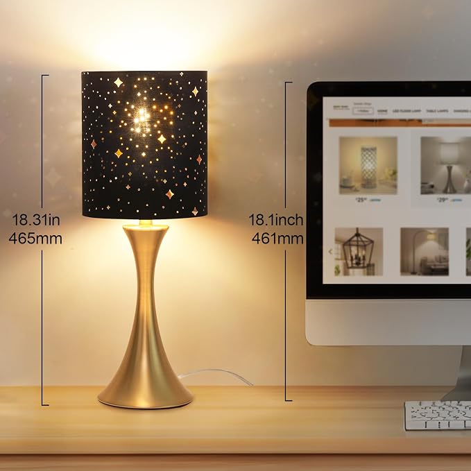 Touch Table Lamp,3 Way Dimmable Gold Bedside Lamp with Black Star Shade | Touch Control Nightstand Lamp, Decorative Ambient Bedside Light for Living Room, Bedroom, Dorm, Office, LED Bulb Included