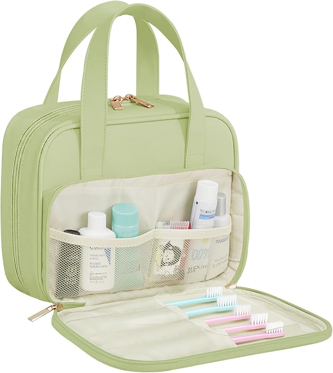 Travel Toiletry Bag, Water-resistant PU Leather Makeup Bag with Multiple Compartments, Large Capacity Makeup Organizer Bag with Handle for Accessories, Essentials, Toiletries, Green