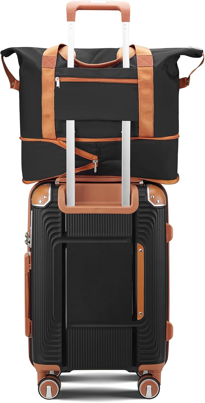 3 Piece Carry On Luggage Set with Expandable Duffel & Toiletry Bag, 20 Inch PP Hardshell Suitcase with YKK Zippers & Reinforced Corner Guards, Lightweight Spinner Wheels with TSA Lock (Black)
