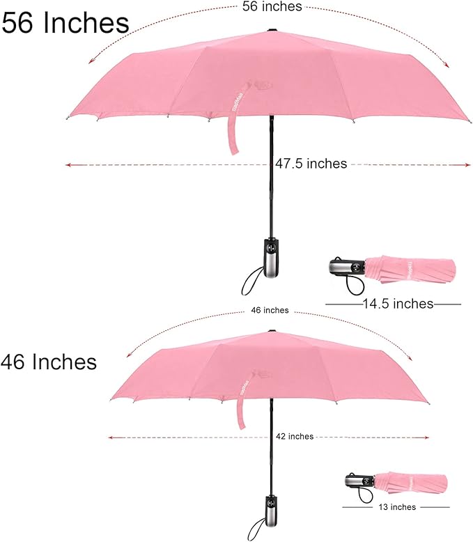 TradMall Travel Umbrella Windproof with 46 Inches Large Canopy 10 Reinforced Fiberglass Ribs Ergonomic Handle Auto Open & Close, Pink