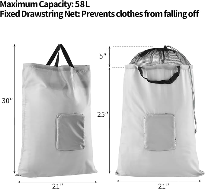 Travel Laundry Bags, 2Pcs JHX Foldable Dirty Clothes Bag 【Upgraded】 with Fixed Drawstring Net, Handles and Carabiner, Portable Laundry Bags for Travel, Fitness, and Students (Gray) 30"H x 21"W