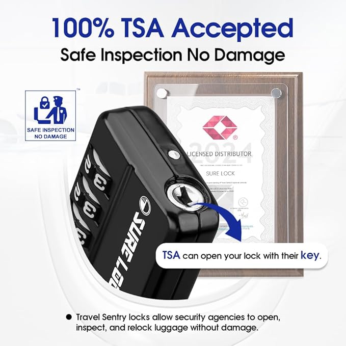 SURE LOCK TSA Approved 4-Digit Resettable Combination Luggage Lock with Open Alert, Easy-Read Dials - for Luggage, School Lockers, Gym, Office, Toolbox & Security Cases (Black 1 Pack)