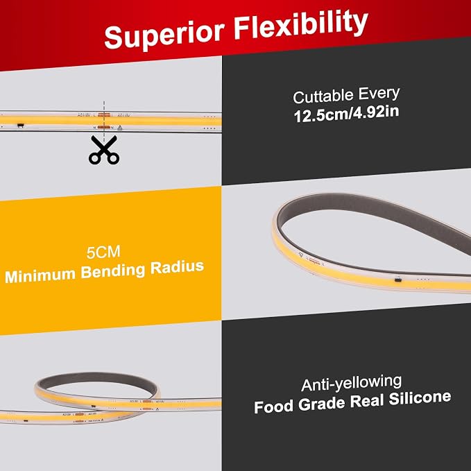 ETL COB LED Rope Light IP65 AC 120V 16.4FT 1200lm Ultra Bright 3000K White | Waterproof Cold-Resistant ETL Light Strip No Driver Tape Lighting for Home Commercial LED Strip Light 3000K Warm White