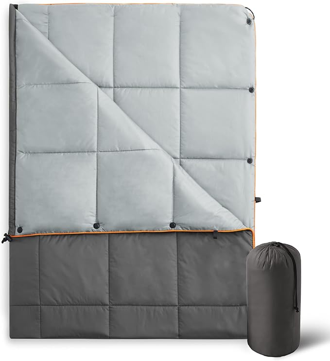 UNIKOME Waterproof Puffy Camping Blanket - Lightweight Packable Outdoor Quilt with Snaps & Corner Loops, Warm Compact Blanket for Cold Weather Hiking Picnic Stadium Travel, 75"×52", Grey&Light Grey