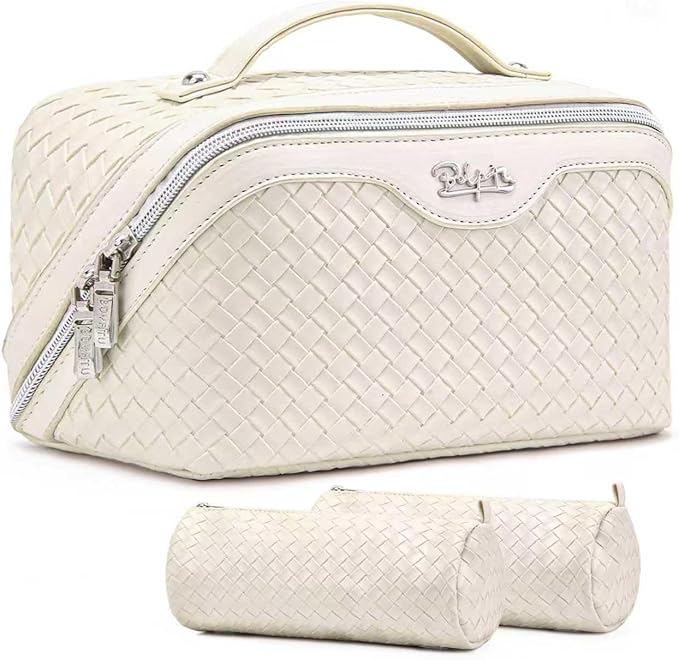 BOYATU Travel Makeup Bag Cosmetic Bags for Women: Large Capacity 3 Pcs Set Make up Bag with Compartments - Waterproof Vegan Leather Toiletry Organizer Bags with Handle (L09 Beige)