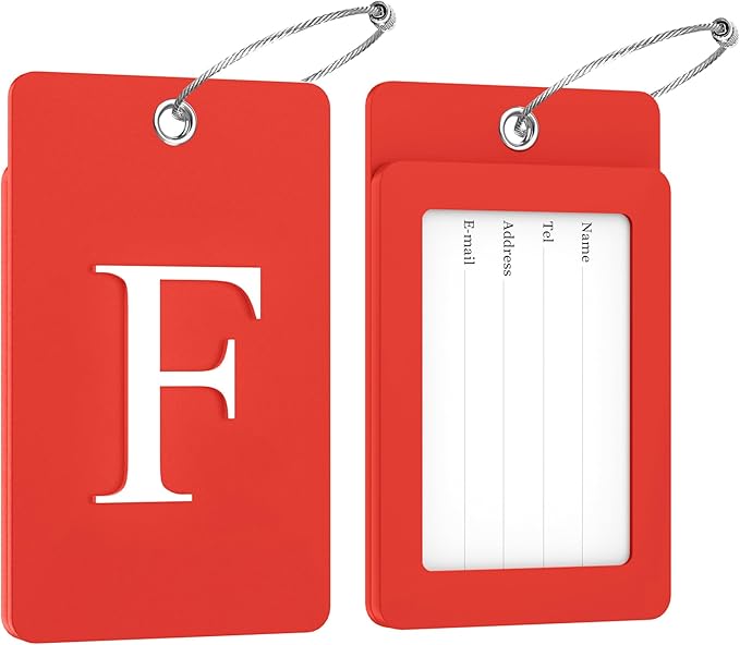 Gostwo 2 Pack Luggage Tags for Suitcases, 26 Initial Letter Travel Luggage Baggage Identification Labels ID Tag Fully Bendable Tags with Stainless Steel Loop (Red) (Letter F)