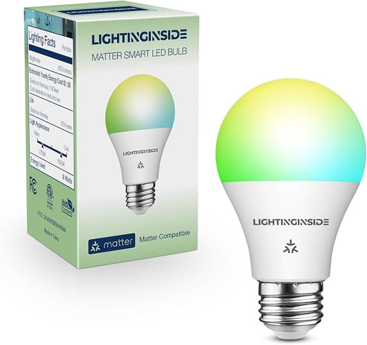 Matter Smart Light Bulbs, RGBCW Color Changing Light Bulb | Compatible with Alexa/Apple Home/Google Home/SmartThings, E26 Smart Bulb 800LM, 2.4G WiFi, ETL Listed, Hub Required, 1 Pack