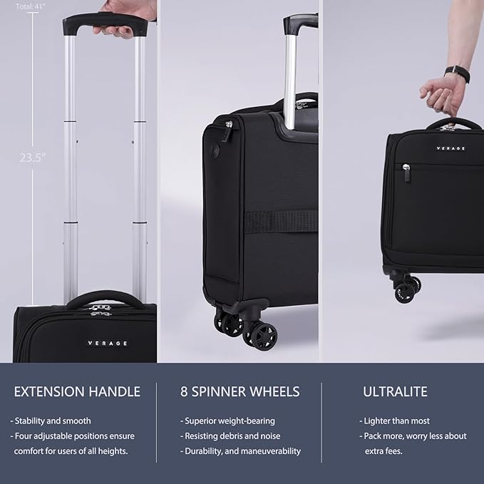Verage Underseat Carry On Luggage with Wheels, 14.5-Inch Spinner Small Suitcase, Softside Lightweight Travel Bag for Men and Women, Airplane Carry On Bag, Black