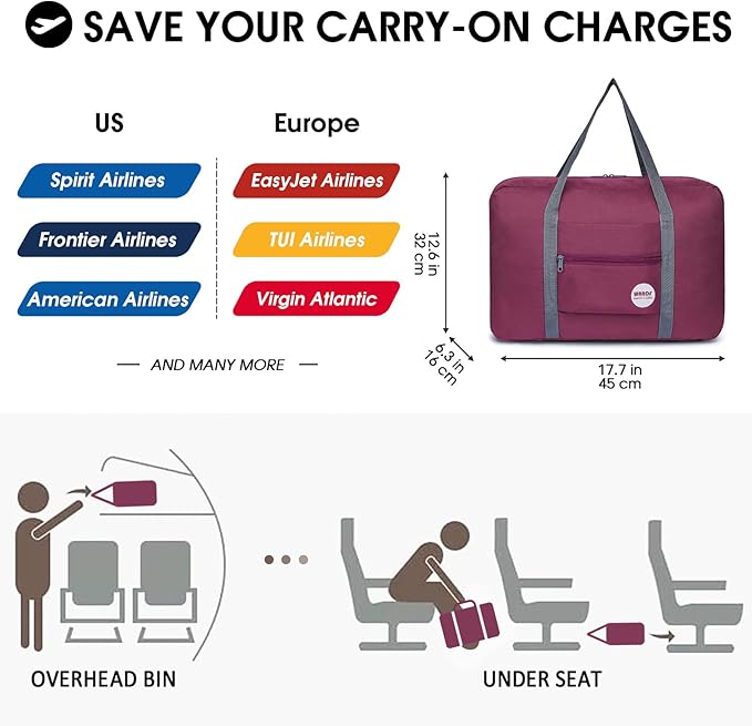 WANDF For Spirit Airlines Personal Item Bag 18x14x8 Travel Duffel Bag Underseat Foldable Carry-on Luggage for Women