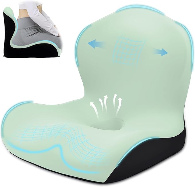 Seat Cushion, Office Chair Cushion, L-Shaped Ergonomic Car Seat Cushions, Memory Foam Chair Cushion, Lumbar Support Pillow for Wheelchair, Car, Home, Office, Desk, Green