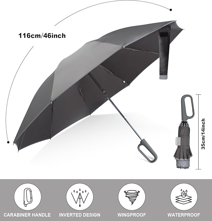 QWB TUMAAOTU Inverted Umbrella with Carabiner Handle, Compact Wind Proof Umbrellas For Rain and Sun Protection, Portable Reverse Folding Umbrella, Car Umbrella for Women Men, 10 Ribs