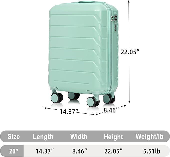 20 Inch Carry On Luggage, Lightweight ABS Hard Shell Suitcase with Spinner Wheels, Durable Travel Luggage with Combination Lock & Side Hooks for Men Women, Green