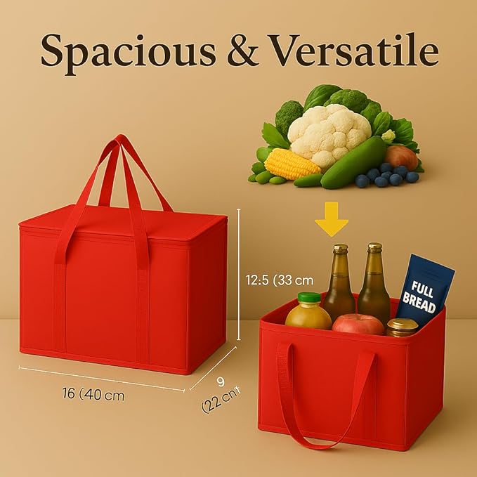 musbus 2Pk Insulated Reusable Grocery Bags, Collapsible Cooler Bag for Groceries, Heavy Duty Large Insulated Bag (Large, Bright Red)