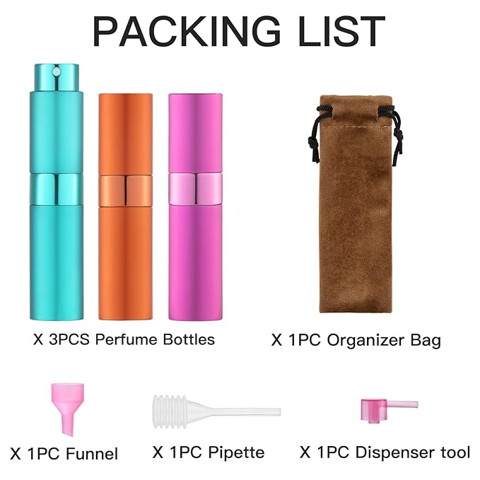 LISAPACK 8ML Atomizer Perfume Spray Bottle for Travel (3 PCS) Empty Cologne Dispenser, Portable Sprayer (Cyan, Rose Red, Orange)