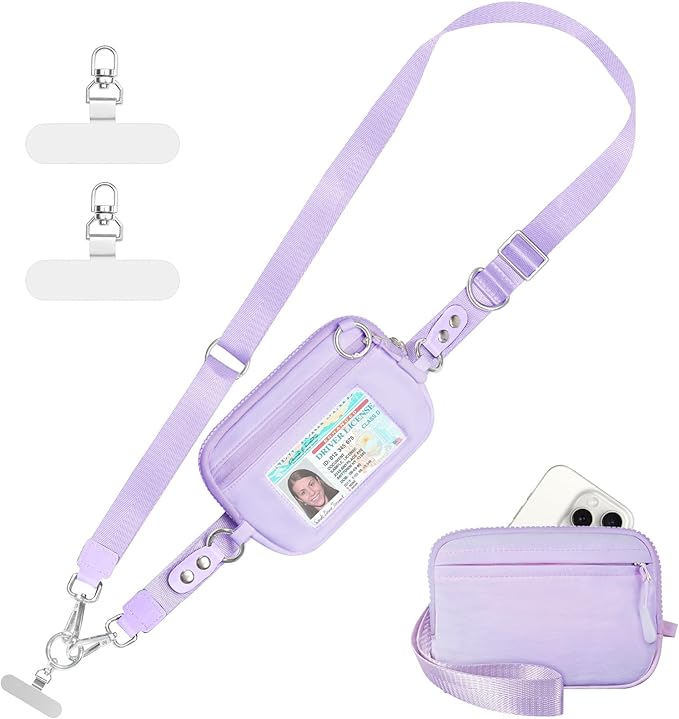 Tiostep Clip and Go Strap for Phone with Wallet Crossbody Phone Lanyard Adjustable and Detachable RFID Wristlet Wallet with ID Window and Zipper, Purple Large.